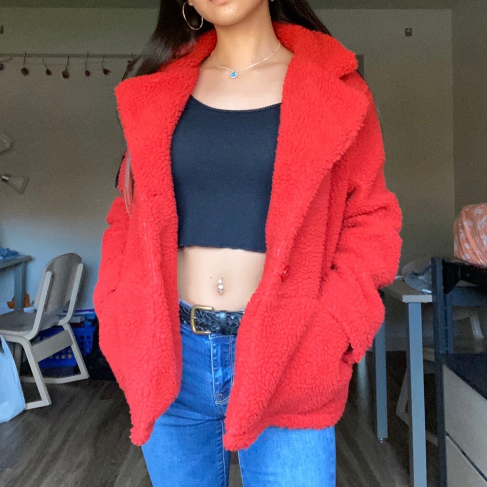 Red puffy statement jacket